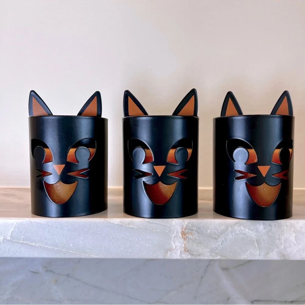 Black Cat Metal Teal Light Candle Holders Set of 3 Halloween Luminaries Decor